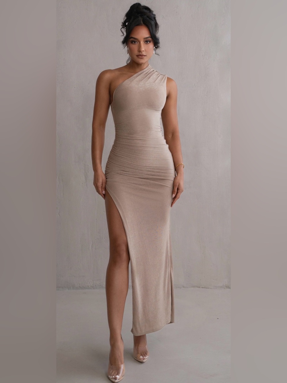 JLUXLABEL One-Shoulder Taupe Bodycon Maxi Dress with High Slit